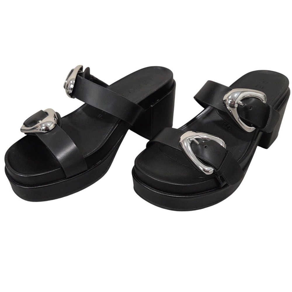 Aerosoles Chance Womens 8.5 Black Leather Platform Sandals Chunky Buckle Heel